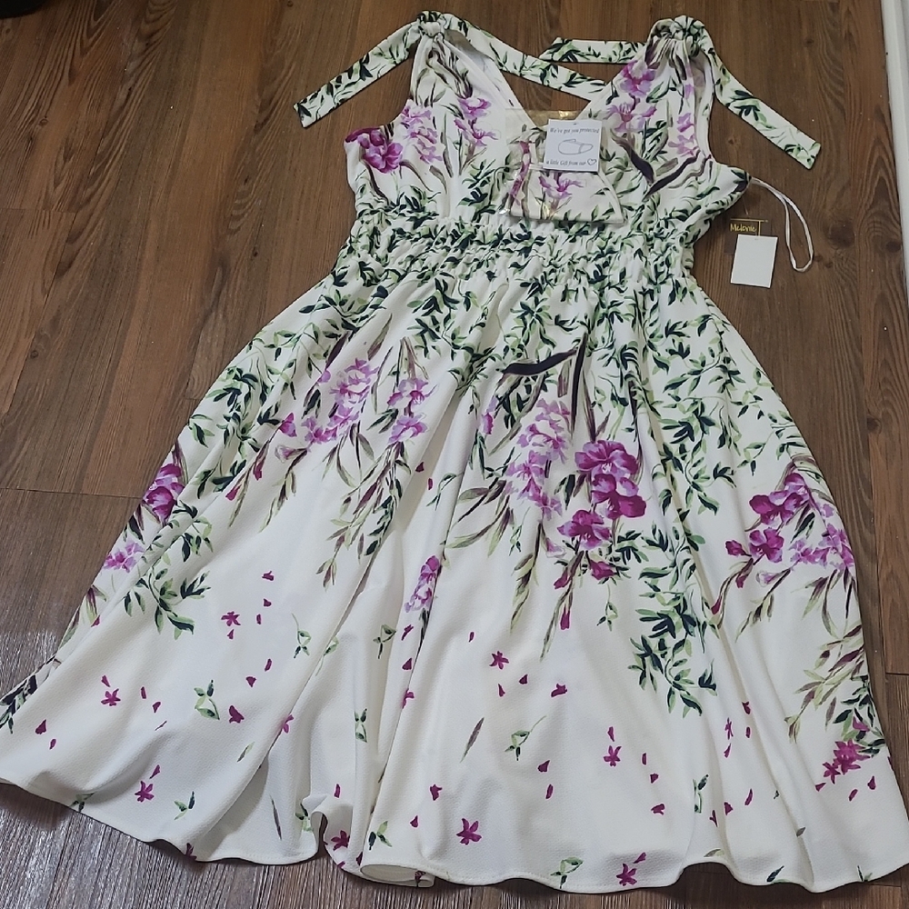 MELONIE Women's Cream Midi Dress with Pink Floral Print new zise 14.